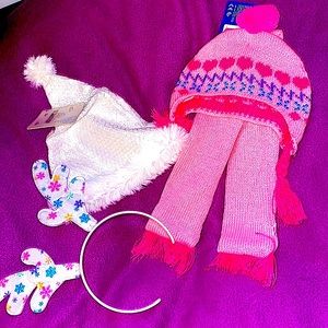 BAB Winter Accessory Bundle! White Sequin Santa Hat, Antlers, Pink Hat and Scarf
